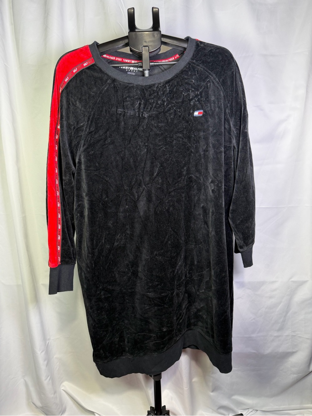 Tommy Hilfiger Black Velour Crewneck with Red Shoulder Stripe with Pants Set